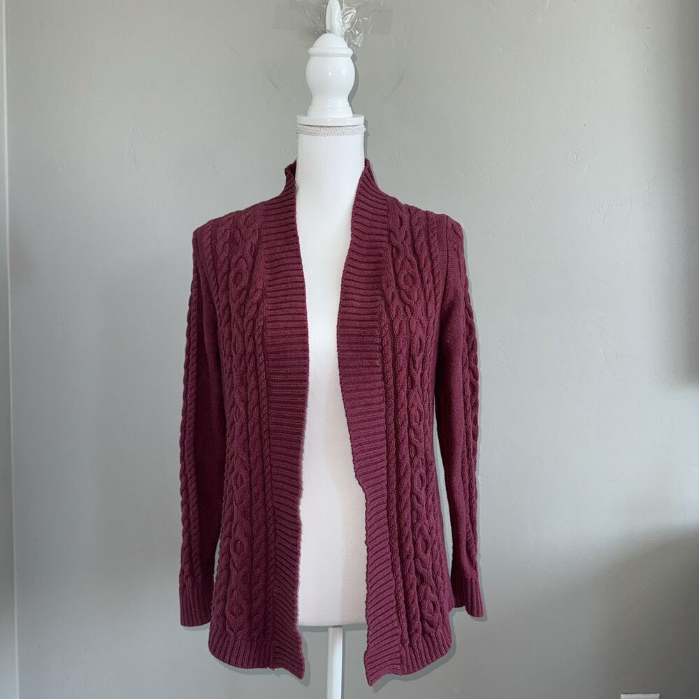 LL Bean Women's Open Front Cardigan Sweater Size S Maroon Chunky Cable Knit